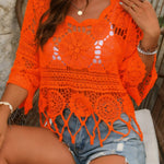 Bohemian Openwork Fan-shaped Trim Three-quarter Sleeve Cover-up Top