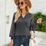 Zeagoo V Neck Tops Solid Color Blouse Long Sleeve Pullover Lace Patchwork Shirt