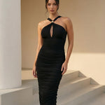Black Halter Neck Keyhole Full Ruched Bodycon Midi Dress