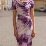 Ava Brown | Floral Cowl Neck Bodycon Midi Dress For Women