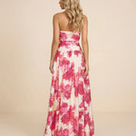 Pink Floral Strapless Ruched High Slit Maxi Dress