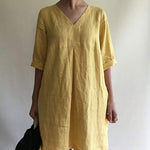 Zeagoo Women's Casual Loose Short Sleeve V-Neck Cotton Linen Dress