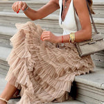 Zeagoo Women's A-Line Patchwork Mesh Cake Skirt Casual Solid Color High Waist Loose Ruffled Pleated Long Tulle Skirt