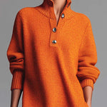 Orange Lapel Button-Front Knit Midi Dress