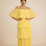 Yellow Tiered Pleated Off Shoulder Regular Fit Midi Dress