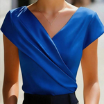 Elegant Satin Wrap V-Neck Short-Sleeve Shirt