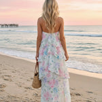 White Floral Print Halter Tiered Chiffon Maxi Dress