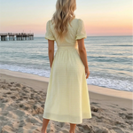 Yellow Gingham Print Puff Sleeve V-Neck Midi Dress
