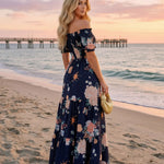 Navy Blue Floral Print Off-Shoulder Tiered Maxi Dress