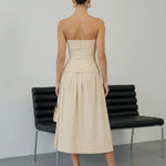 Beige Strapless Peplum Top Midi Skirt Two-Piece Dress