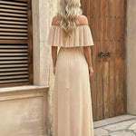 Apricot Swiss Dot Off Shoulder High Slit Maxi Dress