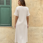 Beige Cotton Embroidery Neckline Midi Dress