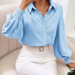 Zeagoo V Neck Crinkle Crepe Lantern Sleeves Shirt Top Button-Down Loose Blouse