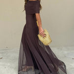 Brown One Shoulder Mesh Maxi Dress