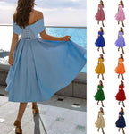 Phoebe Walker | Off-Shoulder Tea Length Satin Dress For Women