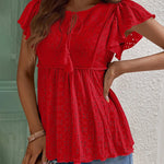 Zeagoo Eyelet Tie-Neck Flutter-Sleeve Top Solid Color Casual Blouse for Women Casual Work Office Loose Fit 2026 | Under $40