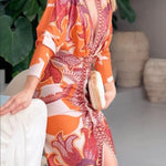 Unique Print Dolman Long Sleeve Ruched Slit Midi Dress
