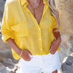 Zeagoo Solid Color V Neck Long Sleeve Button Down Blouse with Pockets