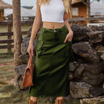 Zeagoo Women's Casual High Waist Denim Midi Skirt Drawstring Adjustable Long Jeans Skirt with Pockets