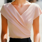 Elegant Satin Wrap V-Neck Short-Sleeve Shirt