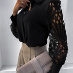 Zeagoo Elegant Lace V-NeckShirt Solid Color Hollow Out Long Sleeve Patchwork Blouse