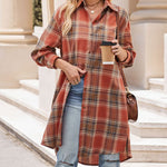 Zeagoo Plaid Longline Button-Up Shacket Lapel Neck Long Sleeve Shirt Pocket