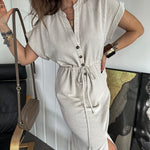 Zeagoo Women's Cotton Linen Dress Round Neck Single Breasted Button Sleeves Drawstring Slit Mid Length Dress
