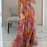 Elegant Painted Floral Print V-Neck A-Line Maxi Dress