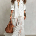 Blue Faux Denim Shirt Collar With Sheer Pockets Maxi Dress