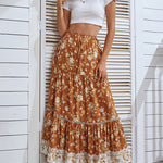 Zeagoo Women's Bohemian Floral Skirt Elastic High Waist A- Line Tiered Flowy Beach Maxi Skirt