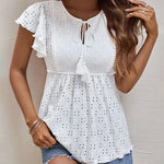 Zeagoo Eyelet Tie-Neck Flutter-Sleeve Top Solid Color Casual Blouse for Women Casual Work Office Loose Fit 2026 | Under $40