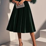 Dark Blue Feather-trimmed Velvet Round Neck Short-sleeved A-line Midi Dress