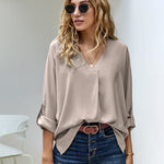 Zeagoo V-Neck Long Sleeve Buckle T-Shirt Plain Shirts Shirt Top Elegant Shirts Casual Slim Fit Basic