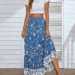 Zeagoo Women's Bohemian Floral Skirt Elastic High Waist A- Line Tiered Flowy Beach Maxi Skirt