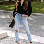 Zeagoo V Neck Chiffon Plain Long Sleeve Loose Casual Work Office Blouses