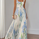 White Pleated Floral Chiffon Square Neck Sleeveless A-Line Maxi Dress