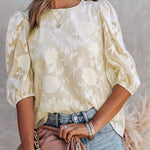 Zeagoo Five Quarter Sleeves Puff Sleeves Round Neck Top Chiffon Loose Flower Texture Casual Shirt