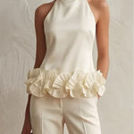 Elegant high-neck top with 3D floral hem and trousers set
