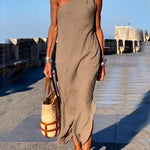 Zeagoo Women's Casual One-shoulder sleeveless Loose Fit Cotton Linen Midi Dress