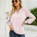 Zeagoo V Neck Tops Solid Color Blouse Long Sleeve Pullover Lace Patchwork Shirt
