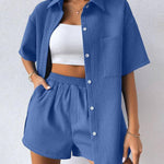 Zeagoo Women's Casual Two-Piece Short Sleeve Lapel Cardigan Top and Shorts Loungewear Sets