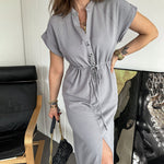 Zeagoo Women's Cotton Linen Dress Round Neck Single Breasted Button Sleeves Drawstring Slit Mid Length Dress