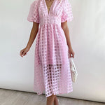 Zeagoo Women's Deep V Neck Short Puff Sleeve Plaid Midi Dress Elegant Button Front Beach Flowy Dress