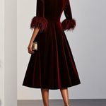 Dark Blue Feather-trimmed Velvet Round Neck Short-sleeved A-line Midi Dress