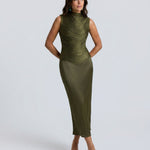 Charlotte Drummond | Ruched Tassel Top & Satin Maxi Skirt Set For Women