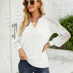 Zeagoo V Neck Tops Solid Color Blouse Long Sleeve Pullover Lace Patchwork Shirt