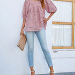 Zeagoo Quare Neck Babydoll Tops 3/4 Puff Sleeve Lace Blouse Summer Floral Textured Shirts