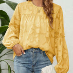 Zeagoo Long Bell Sleeve Blouses Crewneck Floral Lace Textured Babydoll Shirts Tops
