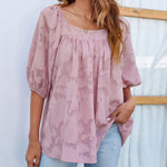 Zeagoo Quare Neck Babydoll Tops 3/4 Puff Sleeve Lace Blouse Summer Floral Textured Shirts