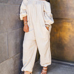 Zeagoo Women's Casual Solid Cold Shoulder Long Sleeve Jumpsuit Loong Plus Size Pocket Rompers Overlay Suit